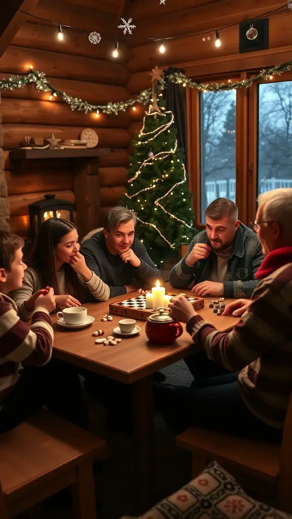 A family enjoying board games and hot drinks in a cozy winter cabin.