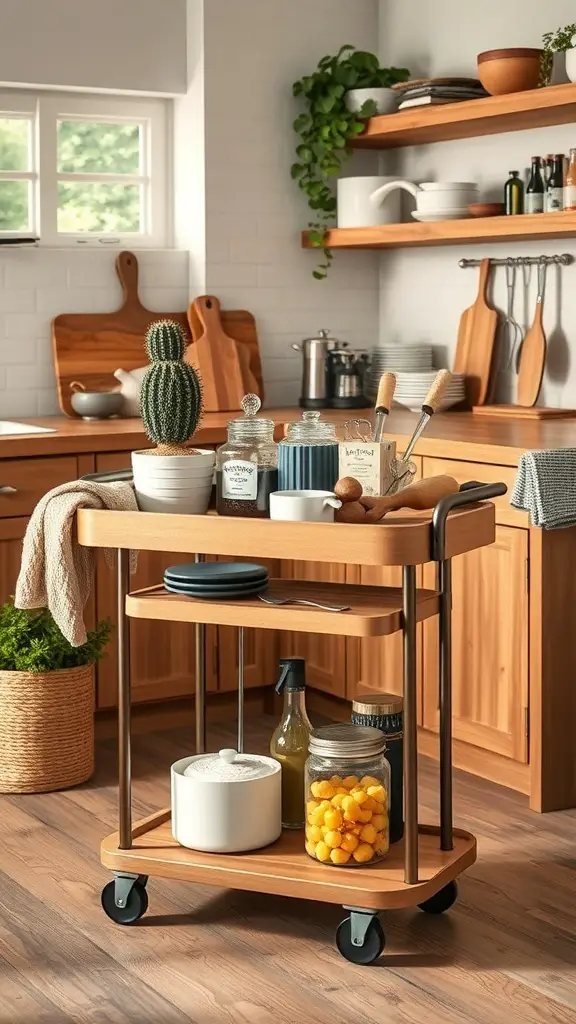 A wooden rolling cart in a kitchen, holding plates, jars, and a cactus, providing extra counter space.