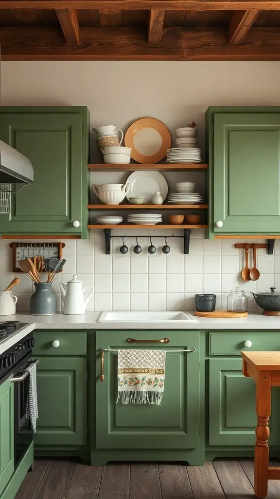 27+ Stunning Green Rustic Kitchen Cabinets for a Charming Makeover 14 A cozy kitchen with green rustic cabinets, open shelving displaying dishware, and wooden accents.