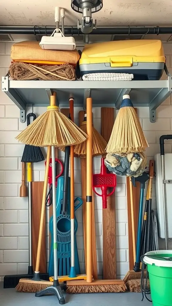 Organized overhead garage rack with brooms, mops, and cleaning supplies.