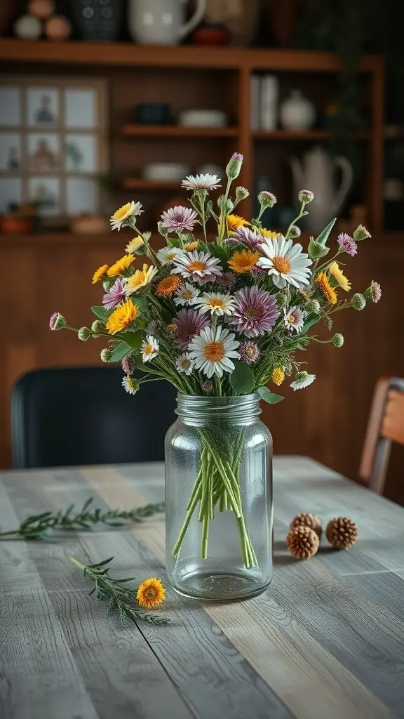 25+ Stunning Kitchen Table Decor Ideas to Elevate Your Space 2 A rustic centerpiece with fresh flowers in a mason jar on a wooden kitchen table.