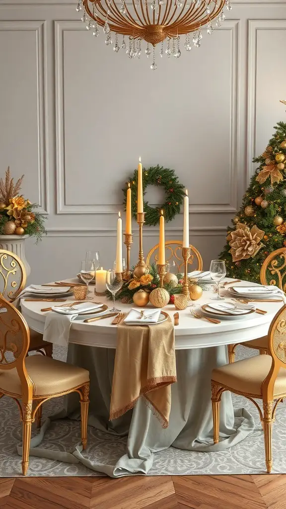 27+ Stunning Christmas Table Settings for Round Tables 3 A round Christmas table setting with a gold and white theme, featuring elegant decor, candles, and a Christmas tree.