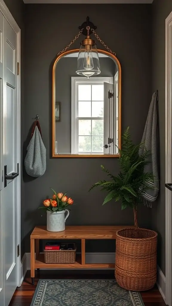 A stylish small mudroom featuring a large mirror, bench, and decorative plants.