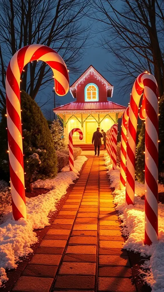 A pathway lined with giant candy canes leading to a cozy house decorated for Christmas.