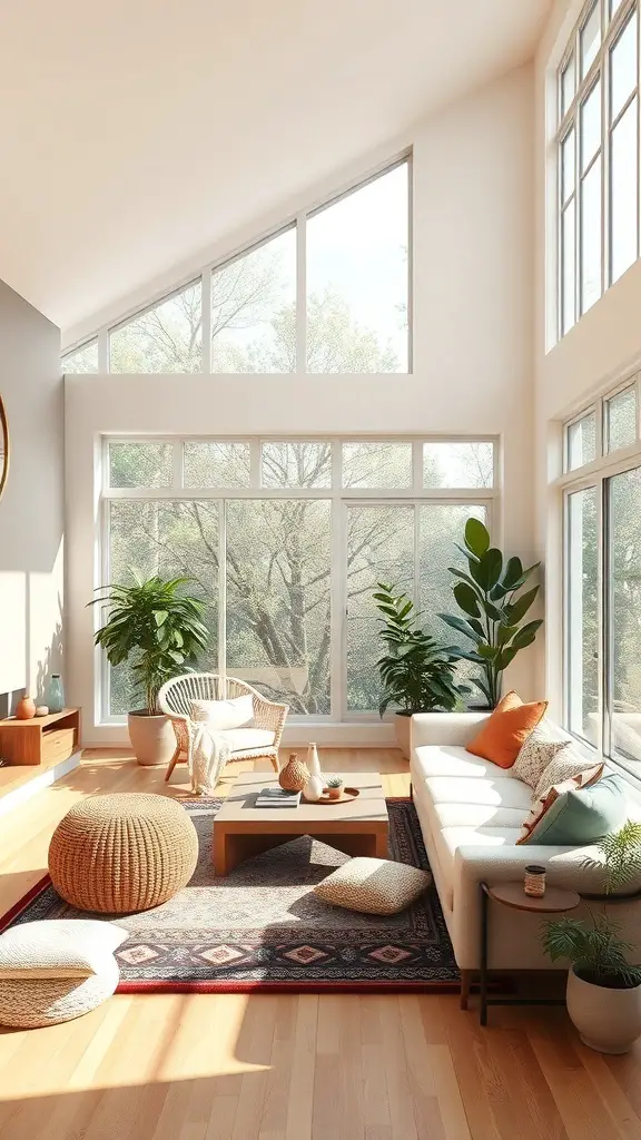 A bright and airy boho living room with large windows, plants, and natural materials.