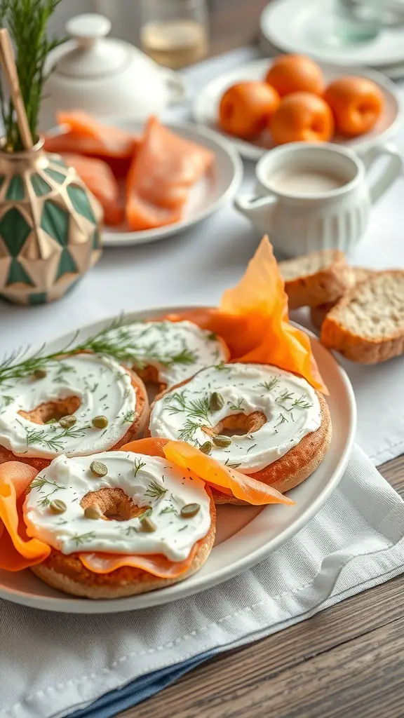 A plate of smoked salmon and cream cheese bagels garnished with dill and pumpkin seeds, with fresh fruit in the background.