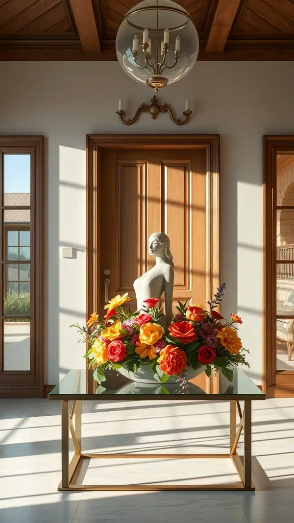 25+ Stunning Entryway Table Decor Ideas You’ll Love 2 A beautiful entryway table featuring a sculpture and a vibrant floral arrangement.