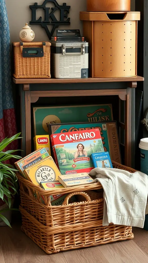 A cozy game storage setup featuring a wicker basket filled with board games and decorative containers on a shelf.