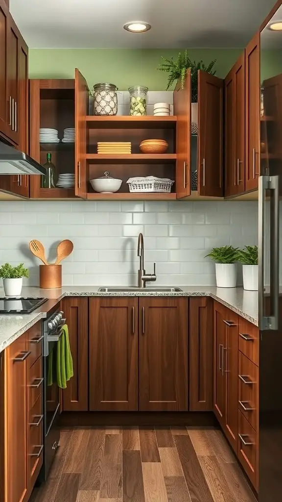 A modern kitchen with brown cabinets, green accents, and innovative storage solutions.