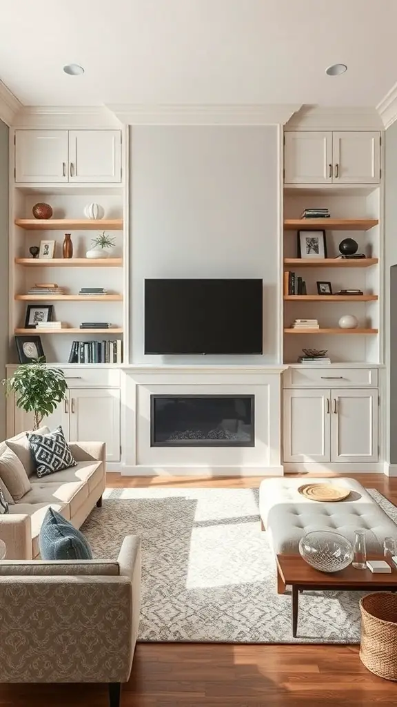 Cozy living room with built-in shelves and a TV