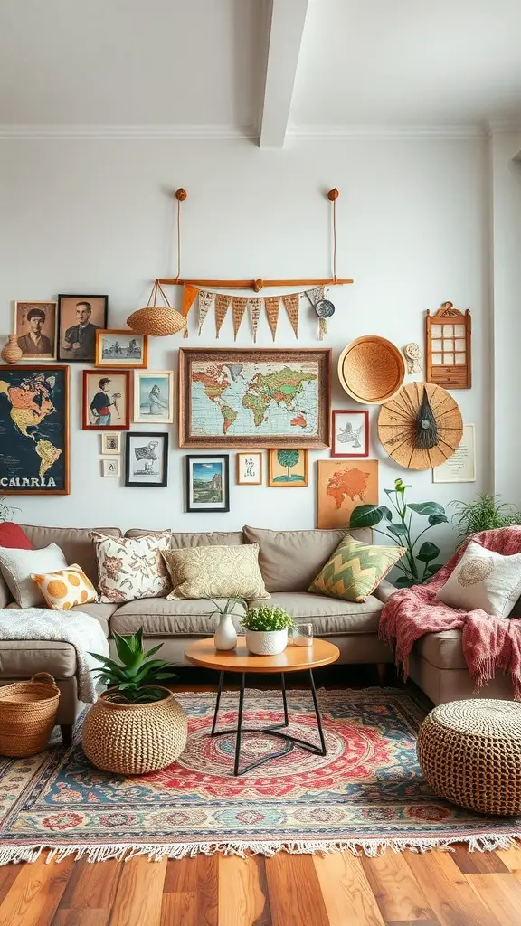 Cozy bohemian living room with eclectic wall art, comfortable sofa, and natural decor elements.