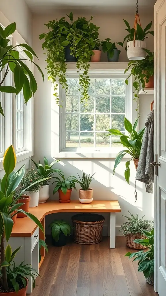 29+ Creative DIY Garage Mudroom Ideas You’ll Love 13 A bright garage mudroom with various potted plants, a corner bench, and natural light coming through the windows.