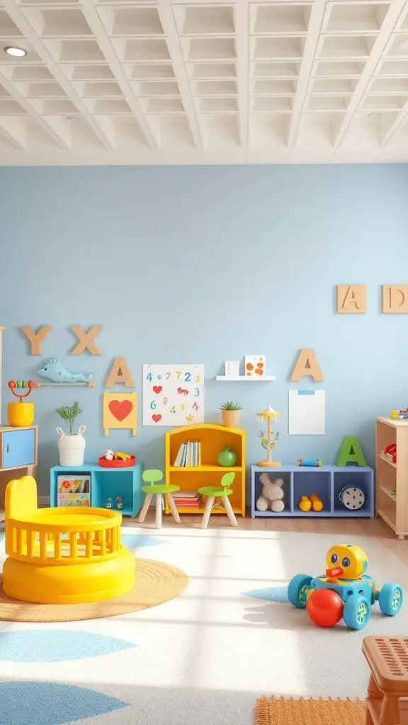 A colorful toddler boy's room with interactive learning areas, featuring letters on the wall, a yellow activity center, and playful decor.