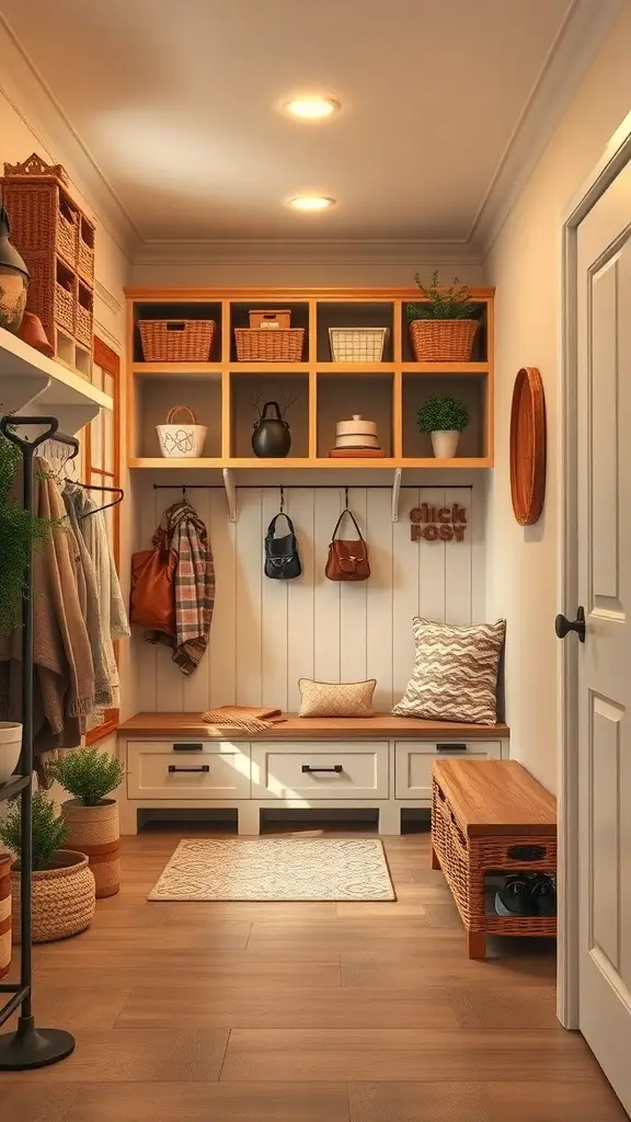 A cozy and organized mudroom with lockers, hooks, and a welcoming atmosphere.