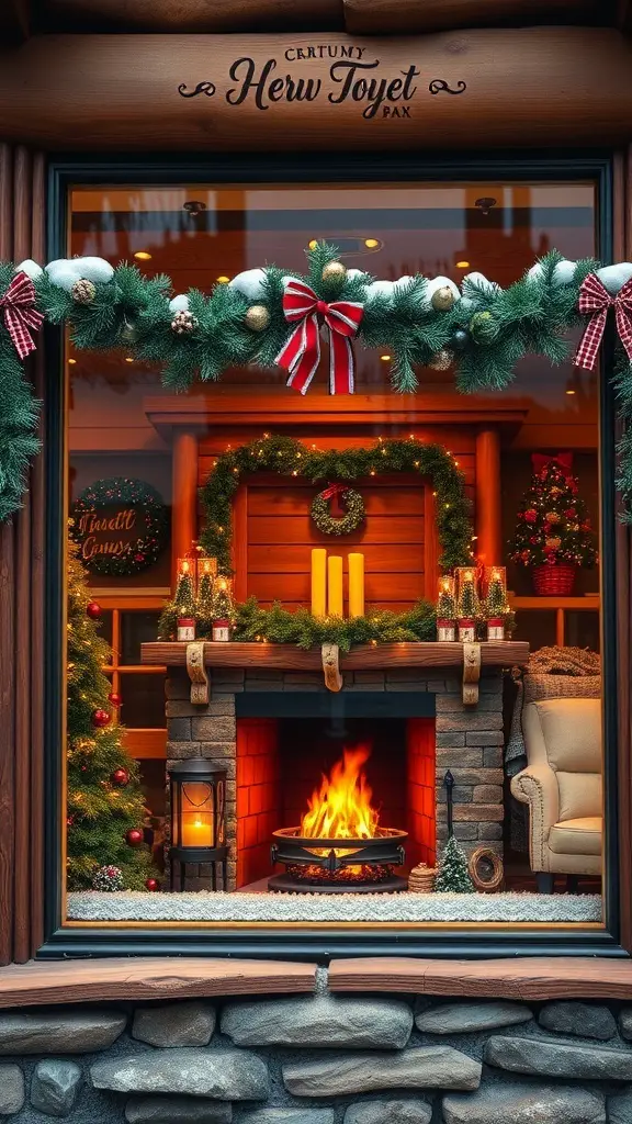 A cozy cabin-themed Christmas window display featuring a fireplace, Christmas tree, and festive decorations.
