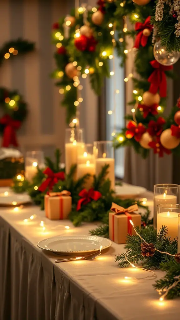 27+ Stunning Christmas Buffet Table Decor Ideas 10 A beautifully decorated Christmas buffet table with string lights, greenery, candles, and wrapped gifts.