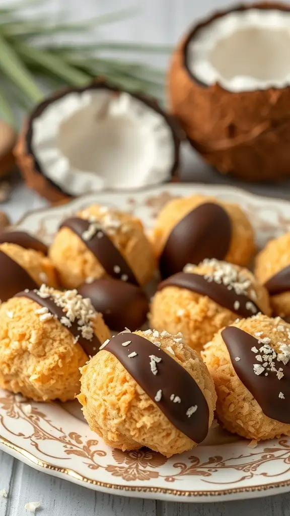 25+ Irresistible Chocolate Desserts You Must Try 11 A plate of chocolate coconut macaroons with coconut halves in the background.