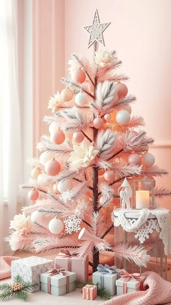 A pastel snowy Christmas tree with pink and white ornaments, surrounded by wrapped gifts and a cozy lantern.