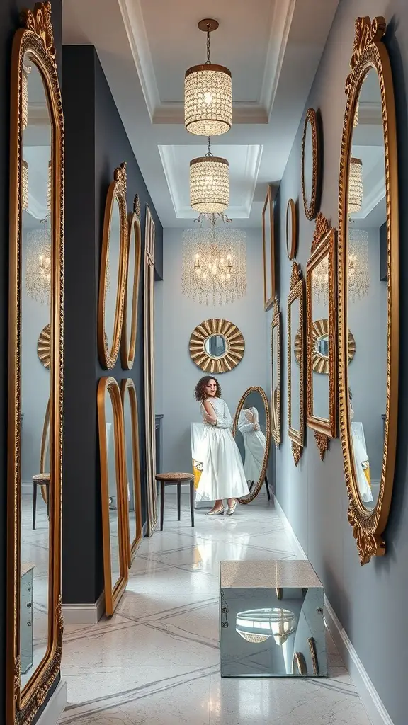 A hallway decorated with multiple gold-framed mirrors, featuring a woman in a white dress standing near a reflective surface.