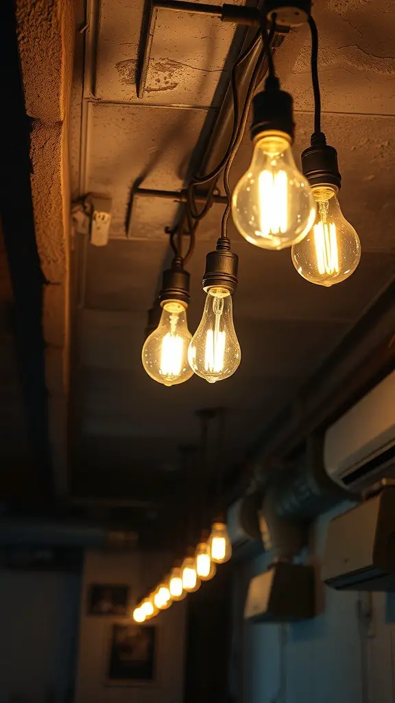A close-up of vintage light bulbs hanging from the ceiling, casting a warm glow in a basement setting.