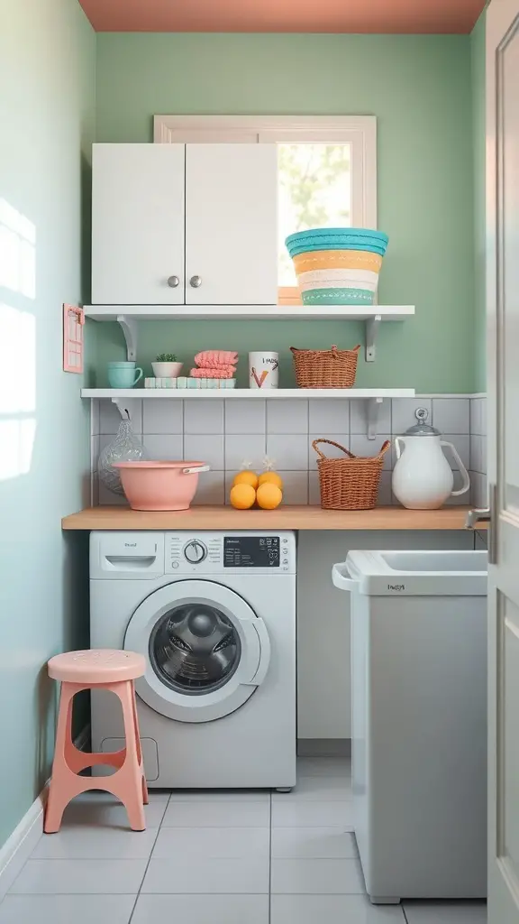 27+ Creative Mini Laundry Room Ideas to Maximize Your Space 5 A bright and airy mini laundry room with green walls, peach ceiling, and colorful accents.