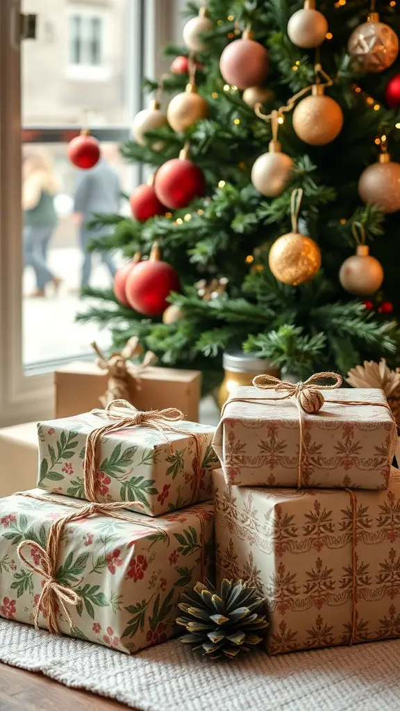 Beautifully wrapped gifts in boho style with natural elements and earthy tones.