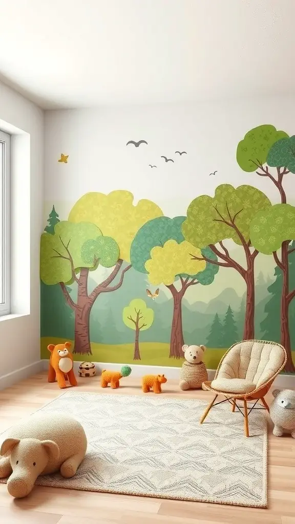 A toddler boy's room with a nature-inspired mural featuring trees and wildlife, accompanied by plush toys and a cozy chair.