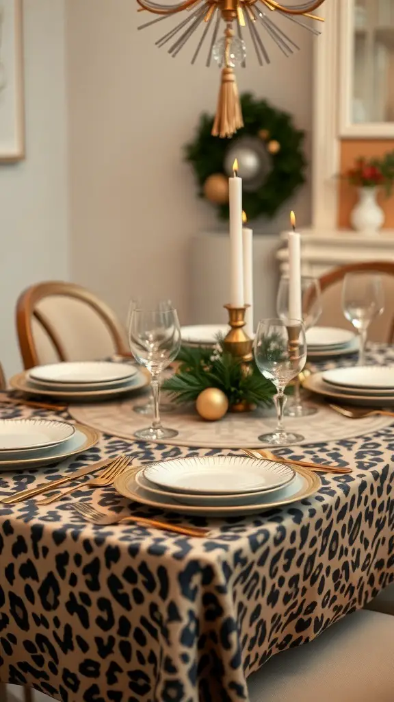 29+ Stunning Leopard Christmas Decor Ideas to Elevate Your Holiday Style 8 A leopard print table setting with elegant plates and gold accents.