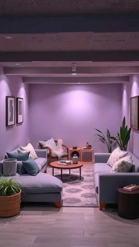 Cozy basement retreat with muted lavender walls and comfortable seating.