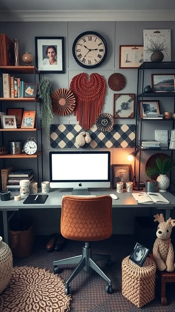 23+ Boho Office Decor Ideas for a Stylish Workspace 12 A cozy boho office with warm tones, plants, and personal decor.