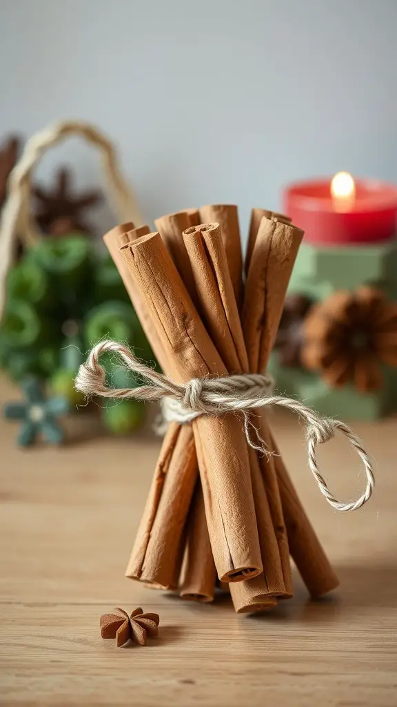 29+ Rustic Christmas Table Décor Ideas for a Cozy Holiday Celebration 16 A bundle of cinnamon sticks tied with twine, placed on a wooden table with festive decorations in the background.