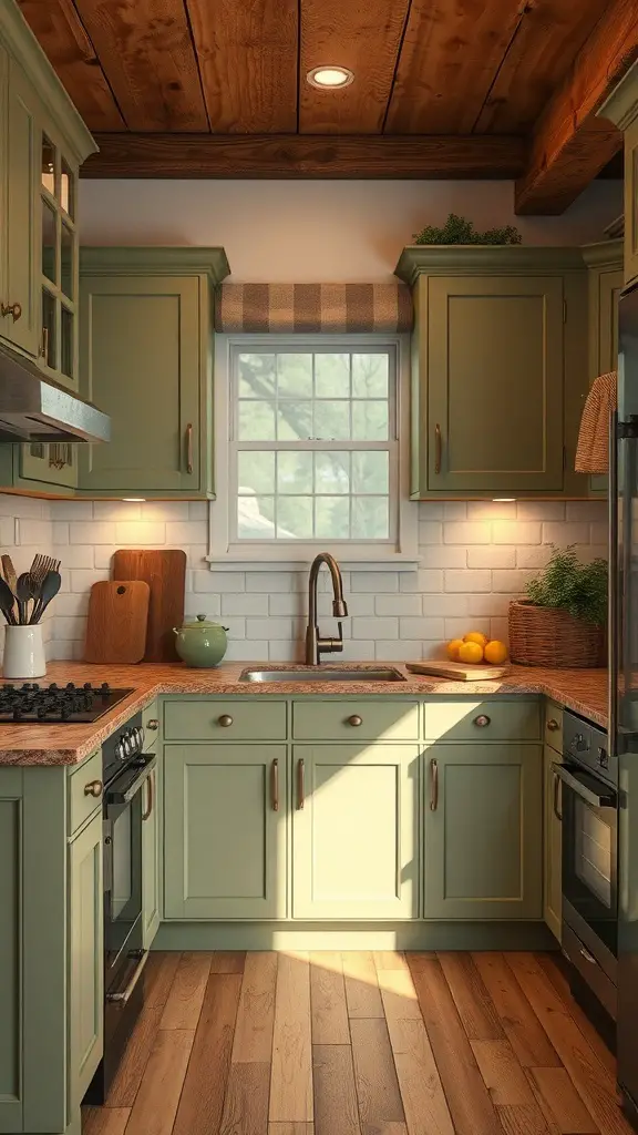 A kitchen featuring sage green cabinets and wooden accents, with a cozy and inviting atmosphere.