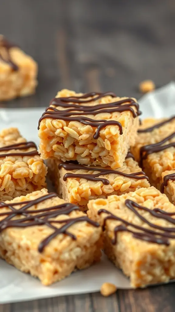 Peanut Butter Rice Krispie Treats with chocolate drizzle