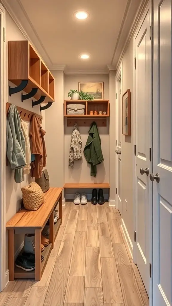 A well-organized tiny hallway featuring wall-mounted shelves, hooks, a bench, and a woven basket.