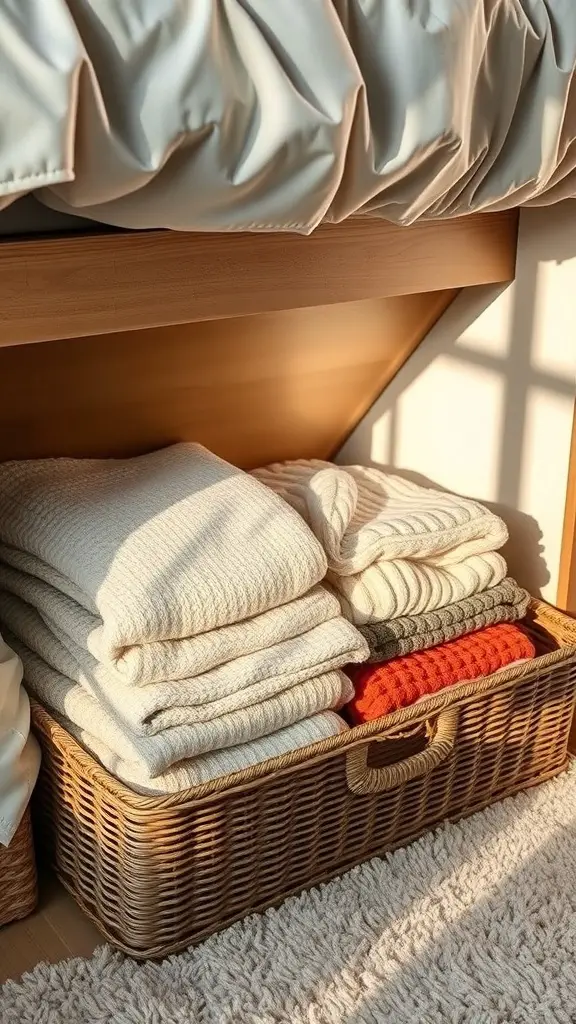 29+ Creative Sweater Storage Ideas to Maximize Your Closet Space 3 Neatly folded sweaters in a woven basket under a bed