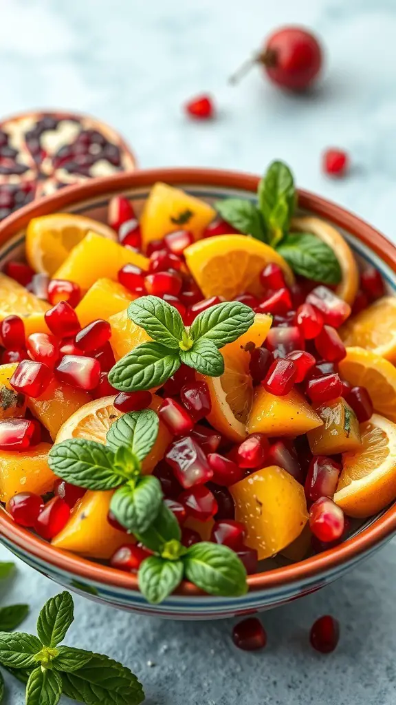 A colorful bowl of holiday fruit salad with pomegranate, oranges, and mint leaves.