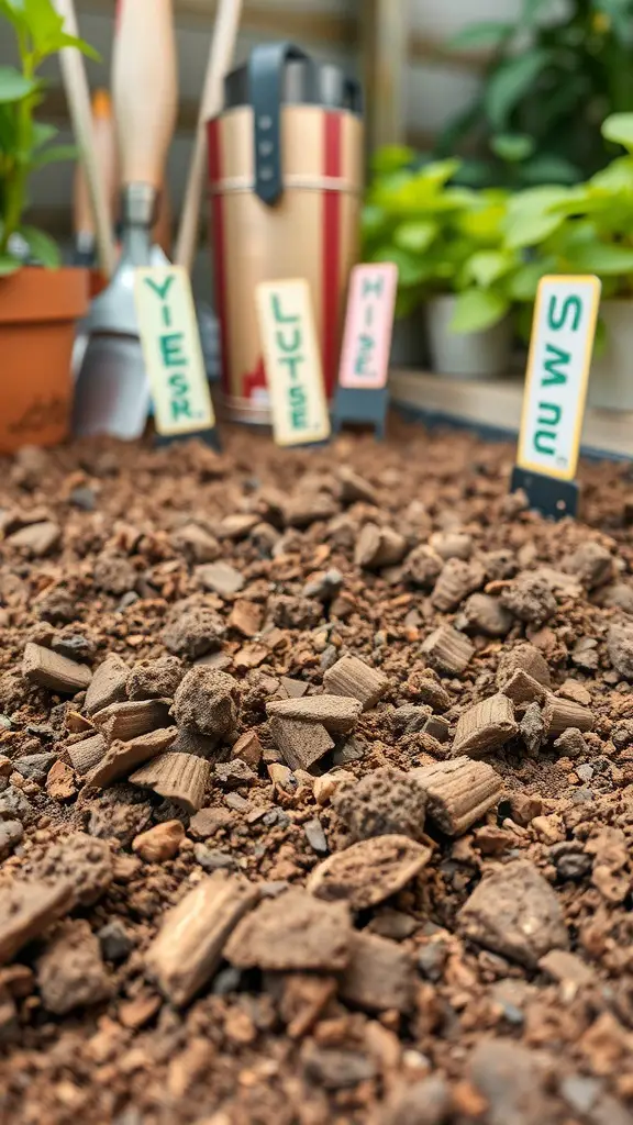 Close-up of soil mix with gardening tools and plant labels in the background.