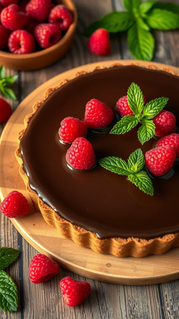 25+ Irresistible Chocolate Desserts You Must Try 16 A chocolate raspberry tart topped with fresh raspberries and mint leaves, placed on a wooden surface.