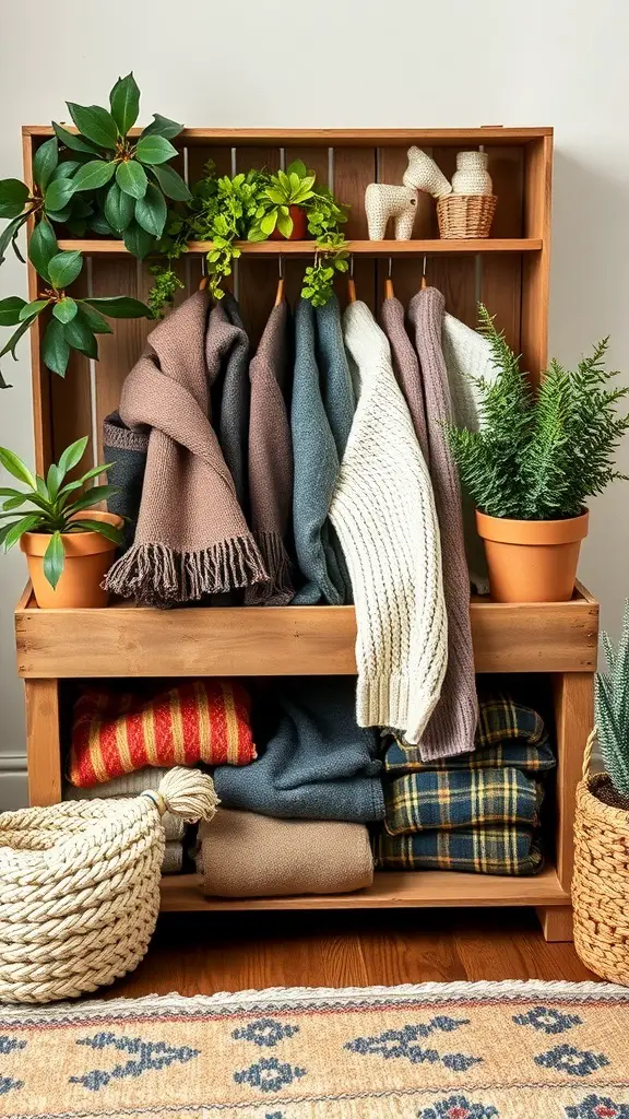 29+ Creative Sweater Storage Ideas to Maximize Your Closet Space 6 A wooden crate used for storing sweaters, with plants on top and a cozy arrangement.