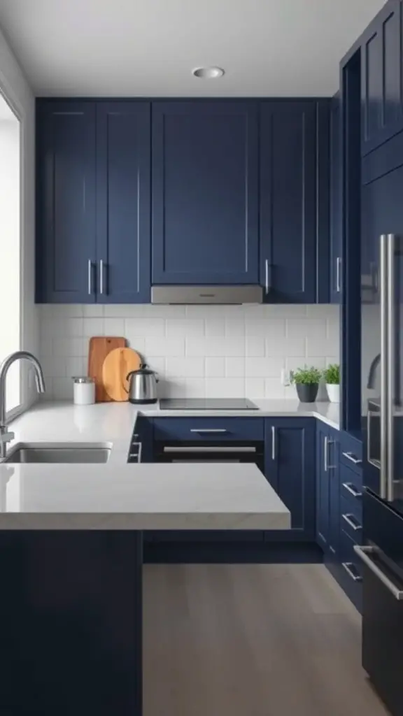 27+ Stunning Dark Blue Kitchen Cabinet Ideas for a Stylish Upgrade 11 A minimalist kitchen featuring dark blue cabinets and light countertops.