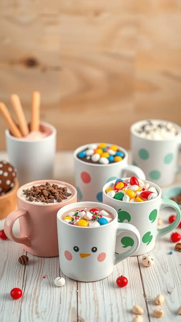 23+ Budget-Friendly Dollar Tree Hot Cocoa Bar Ideas 15 A colorful hot cocoa bar with cute mugs, toppings, and stirrers.