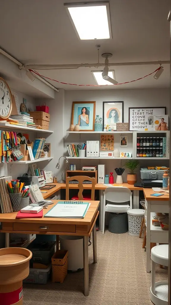 A small basement craft space with two desks, colorful supplies, and organized storage.