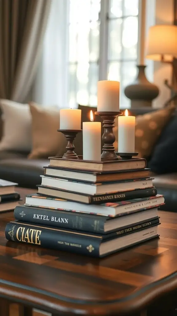 A cozy coffee table decor featuring stacked vintage books and candles.