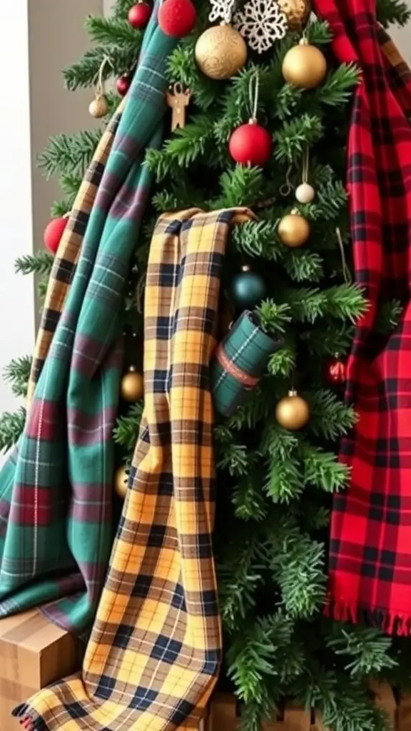 25+ Festive Tartan Plaid Christmas Tree Ornaments and Decorations 6 A Christmas tree decorated with various tartan fabrics and colorful ornaments.