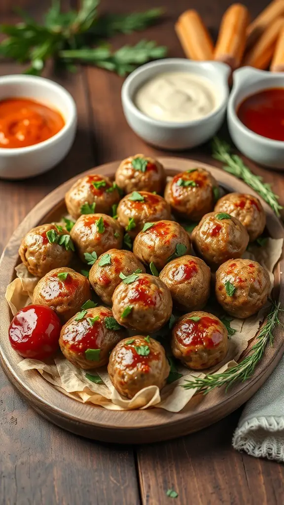 A platter of savory meatballs with dipping sauces and garnishes