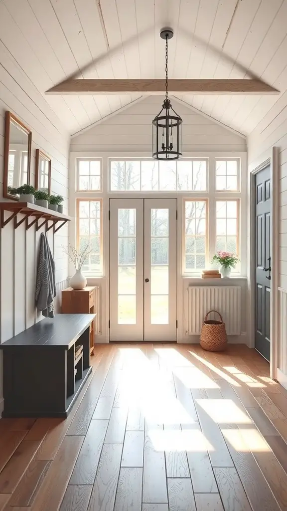 Bright farmhouse mudroom with large windows and natural light