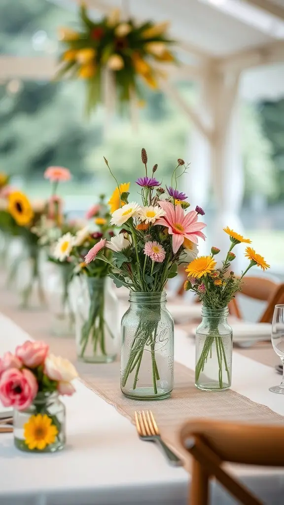 27+ Creative Mason Jar Storage Ideas for a Clutter-Free Home 11 Mason jar centerpieces filled with colorful flowers on a wedding table