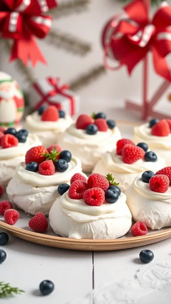 Mini pavlovas topped with berries on a festive table