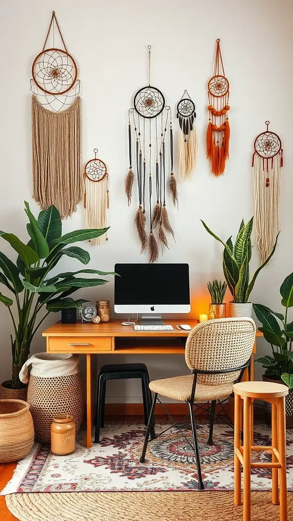 23+ Boho Office Decor Ideas for a Stylish Workspace 13 A cozy bohemian office with dreamcatchers, plants, a wooden desk, and warm lighting.
