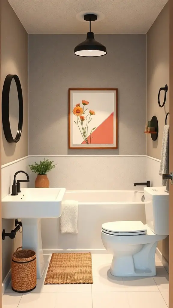 A stylish basement bathroom featuring a floral art piece, a round mirror, and natural decor elements.